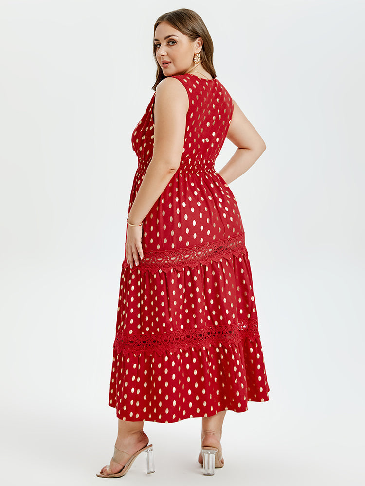 VIP Gold Dot Print Guipure Lace Insert Ruffle Hem Maxi Dress