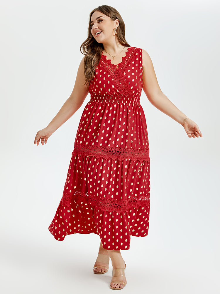 VIP Gold Dot Print Guipure Lace Insert Ruffle Hem Maxi Dress