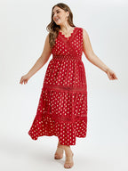 VIP Gold Dot Print Guipure Lace Insert Ruffle Hem Maxi Dress