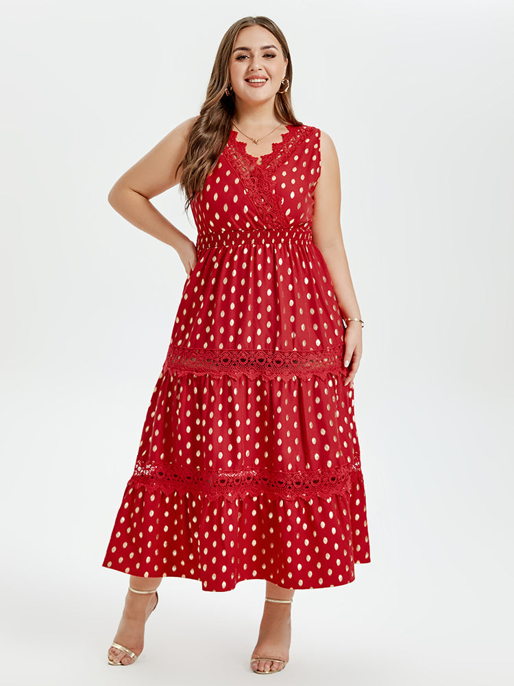 VIP Gold Dot Print Guipure Lace Insert Ruffle Hem Maxi Dress