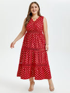 VIP Gold Dot Print Guipure Lace Insert Ruffle Hem Maxi Dress
