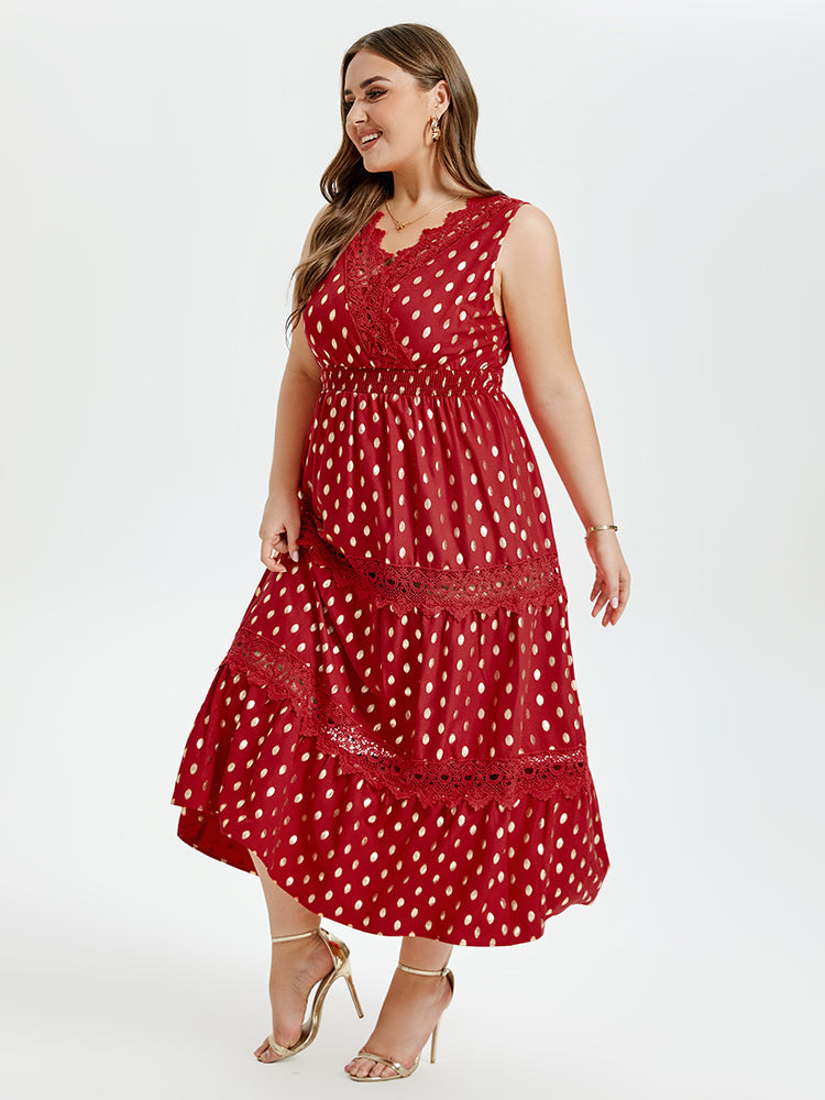 VIP Gold Dot Print Guipure Lace Insert Ruffle Hem Maxi Dress