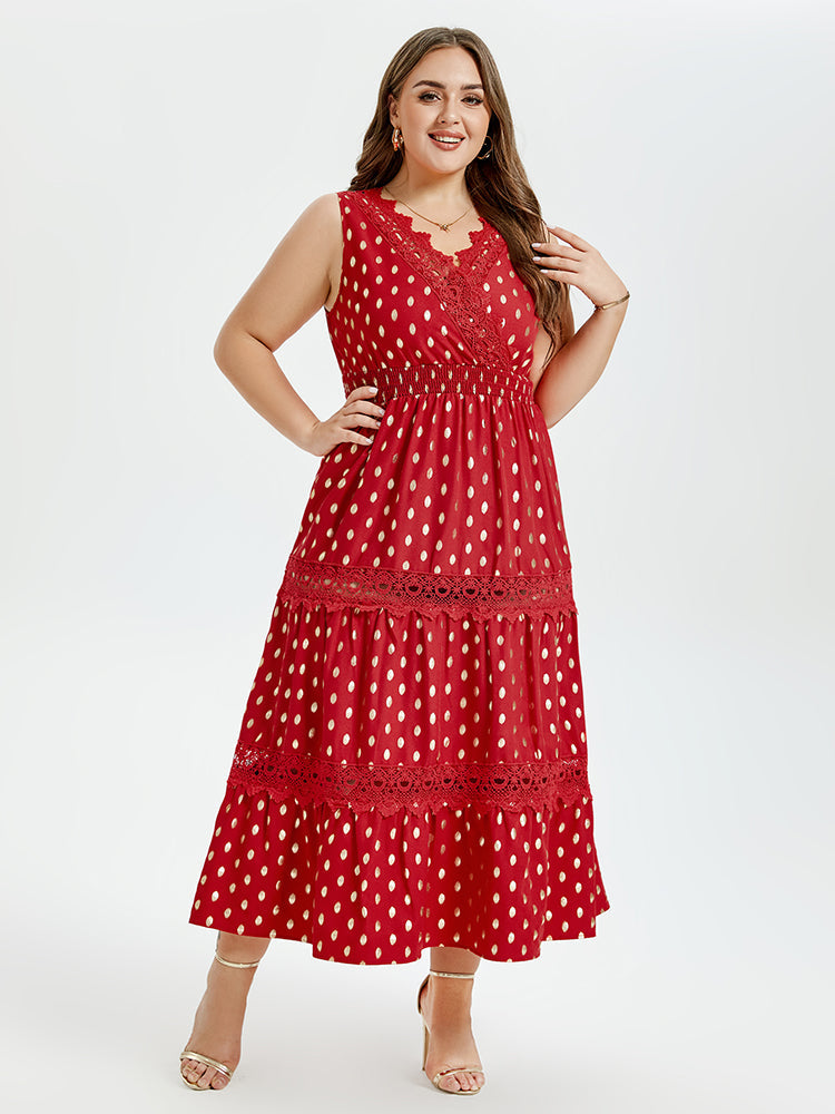 VIP Gold Dot Print Guipure Lace Insert Ruffle Hem Maxi Dress