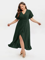 VIP V-Neck Ruffle Sleeve Split Glitter Maxi Dress