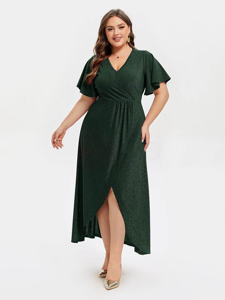 VIP V-Neck Ruffle Sleeve Split Glitter Maxi Dress