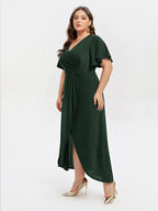 VIP V-Neck Ruffle Sleeve Split Glitter Maxi Dress
