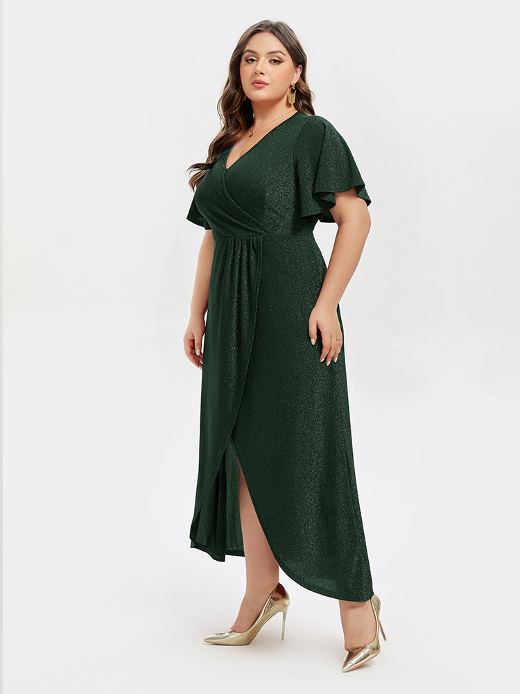 VIP V-Neck Ruffle Sleeve Split Glitter Maxi Dress