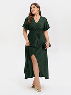 VIP V-Neck Ruffle Sleeve Split Glitter Maxi Dress