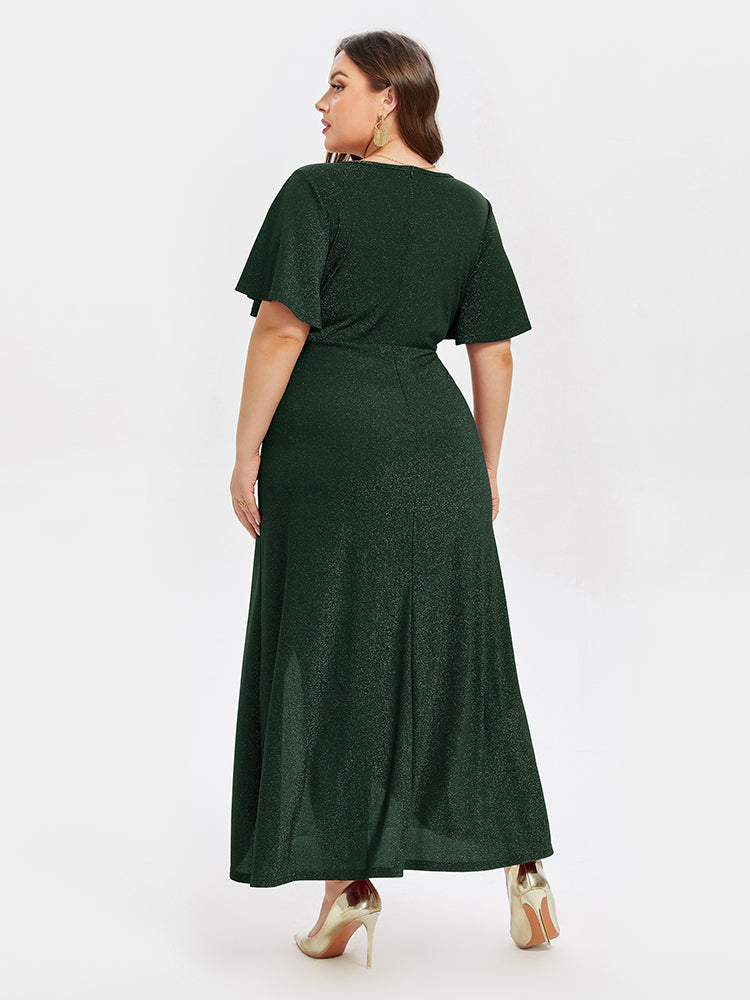 VIP V-Neck Ruffle Sleeve Split Glitter Maxi Dress