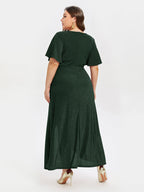 VIP V-Neck Ruffle Sleeve Split Glitter Maxi Dress