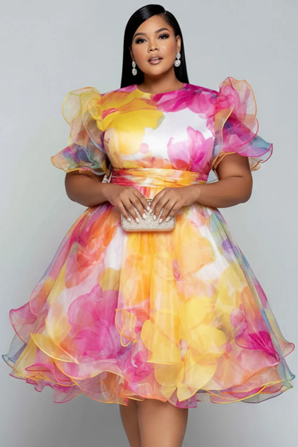 Xpluswear Design Plus Size Party Multicolor Floral Round Neck Short Sleeve Ruffle See Through Chiffon Mini Dresses