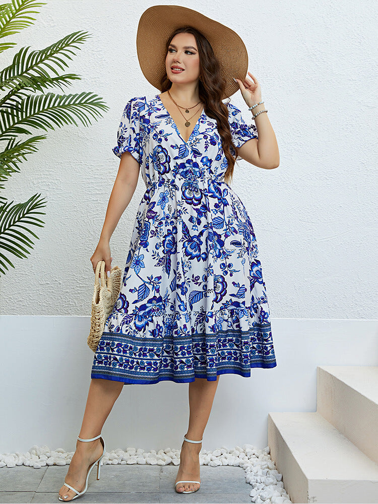 Plus Blue Floral Puff Sleeve Ruffle Hem Elastic Waist Midi Dress