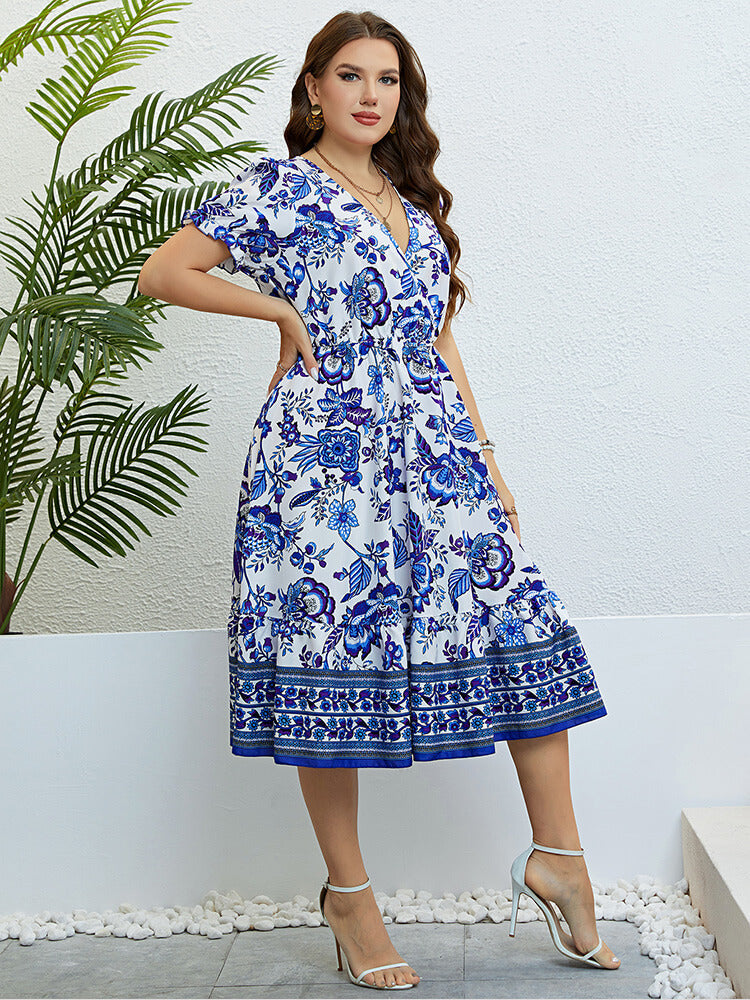 Plus Blue Floral Puff Sleeve Ruffle Hem Elastic Waist Midi Dress