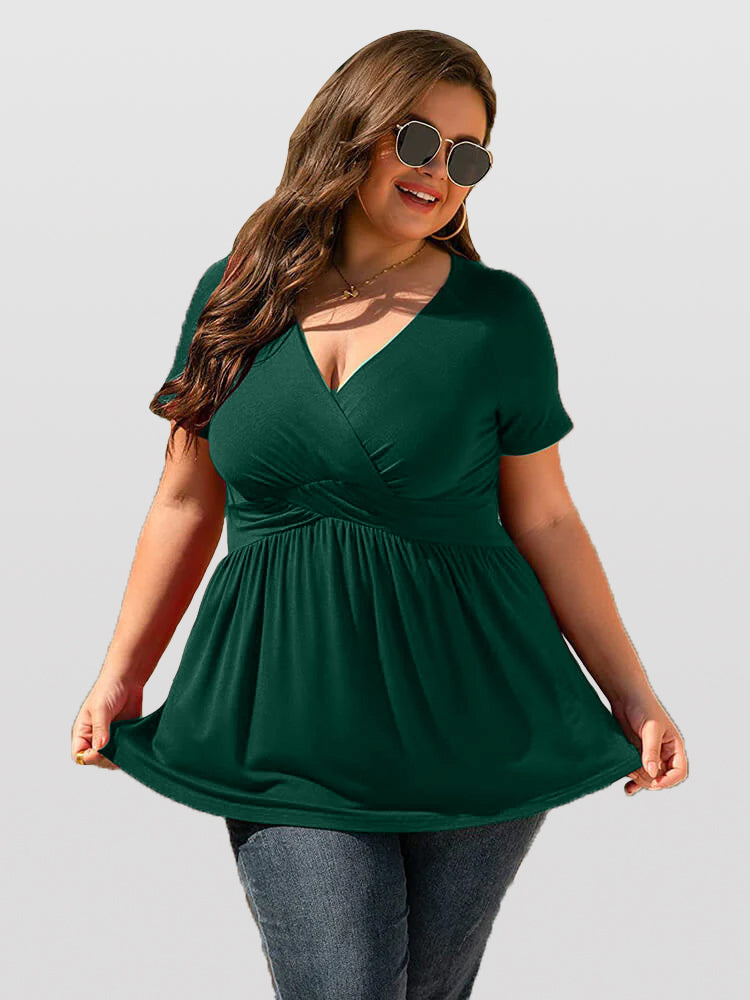 VIP Plus Crisscross Ruched Ruffle Hem Tee