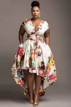 Xpluswear Design Plus Size Wedding Guest White Floral Wrap Neck High Low Hem Pocket Midi Dresses
