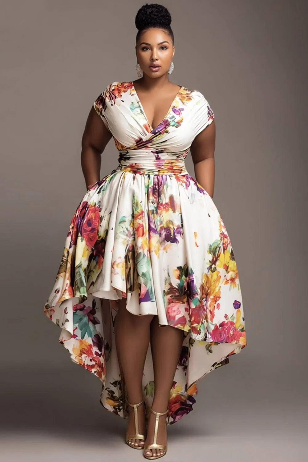 Xpluswear Design Plus Size Wedding Guest White Floral Wrap Neck High Low Hem Pocket Midi Dresses