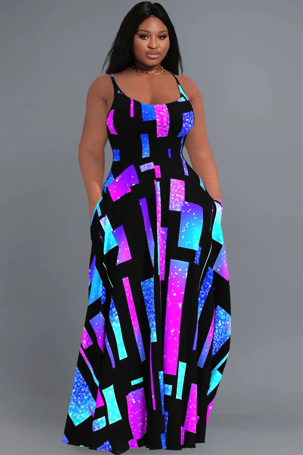 Xpluswear Design Plus Size Casual Sundress Multicolor Geometric Print With Pockets Maxi Dress