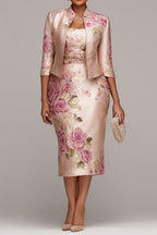 Xpluswear Design Plus Size Mother Of The Bride Pink Floral Half Sleeve Bodycon Satin Two Piece Dress Set