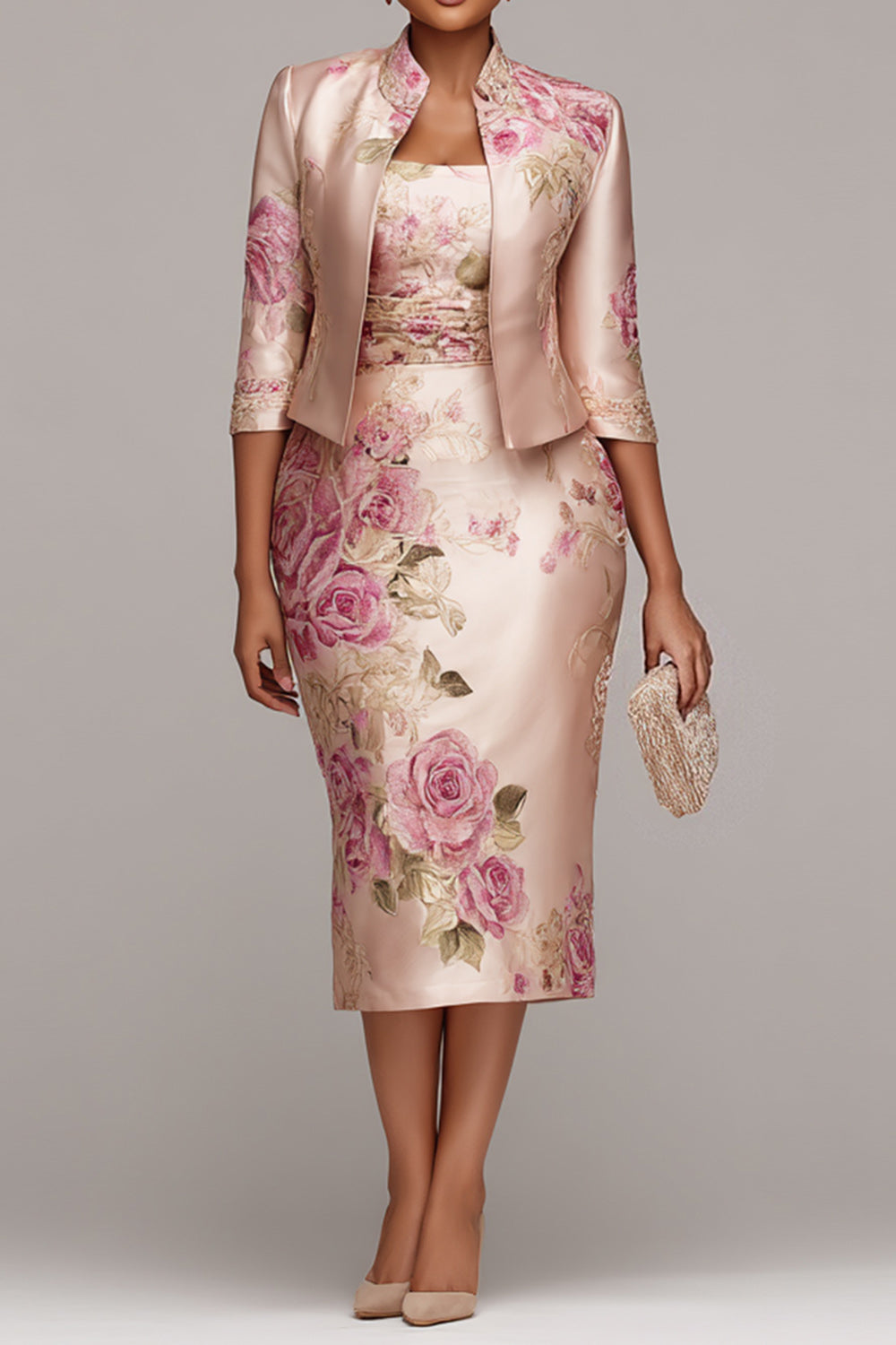 Xpluswear Design Plus Size Mother Of The Bride Pink Floral Half Sleeve Bodycon Satin Two Piece Dress Set