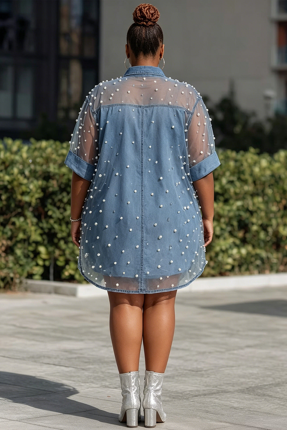 Xpluswear Design Plus Size Festival Casual Tulle Blue Shirt Collar Short Sleeve Pearls See Through Tencel Denim Mini Dresses