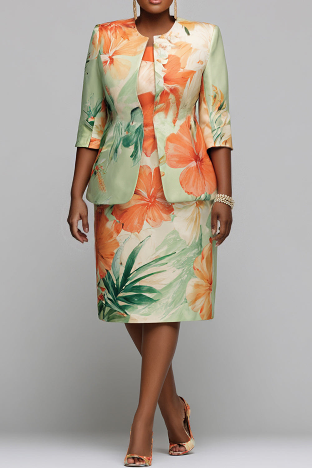 Xpluswear Design Plus Size Churchs Multicolor Floral Round Neck 3/4 Sleeve Split Satin Two Piece Dress Set