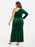 One Shoulder Twist Split Thigh Velvet Maxi Dress