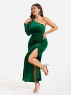 One Shoulder Twist Split Thigh Velvet Maxi Dress