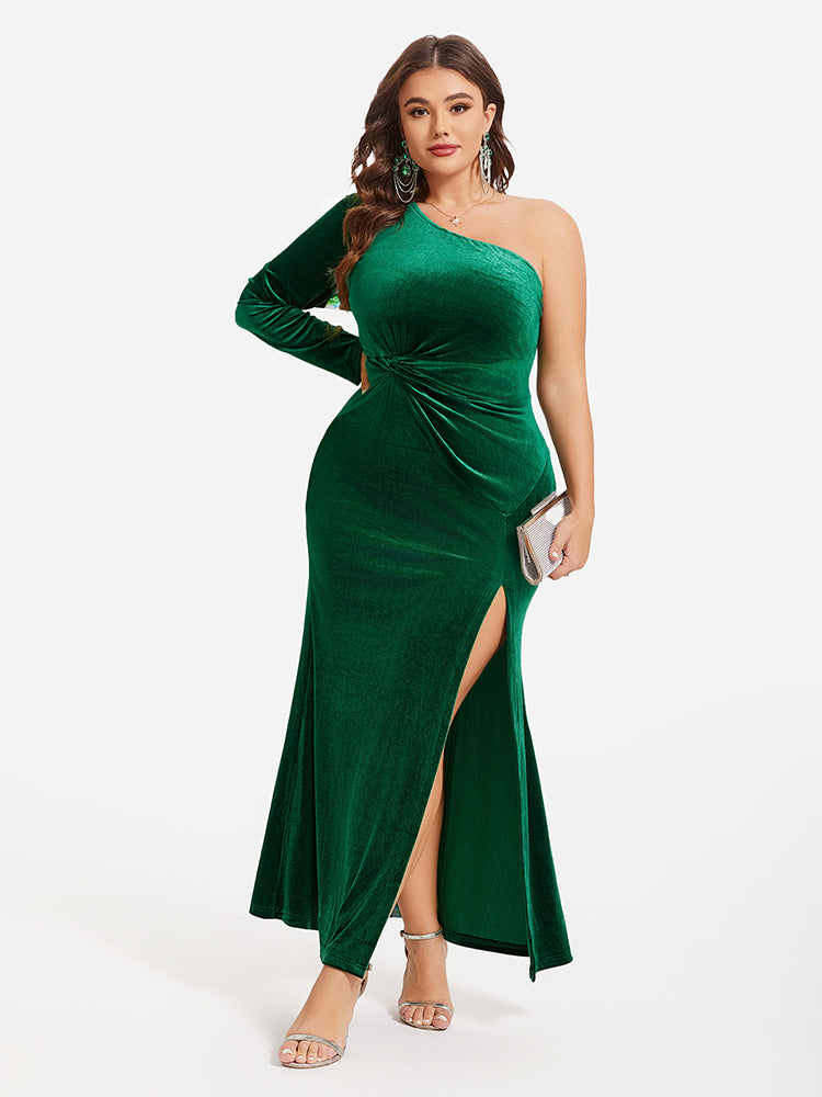 One Shoulder Twist Split Thigh Velvet Maxi Dress