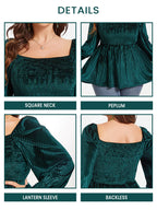 Square Neck Lantern Sleeve Peplum Velvet Blouse
