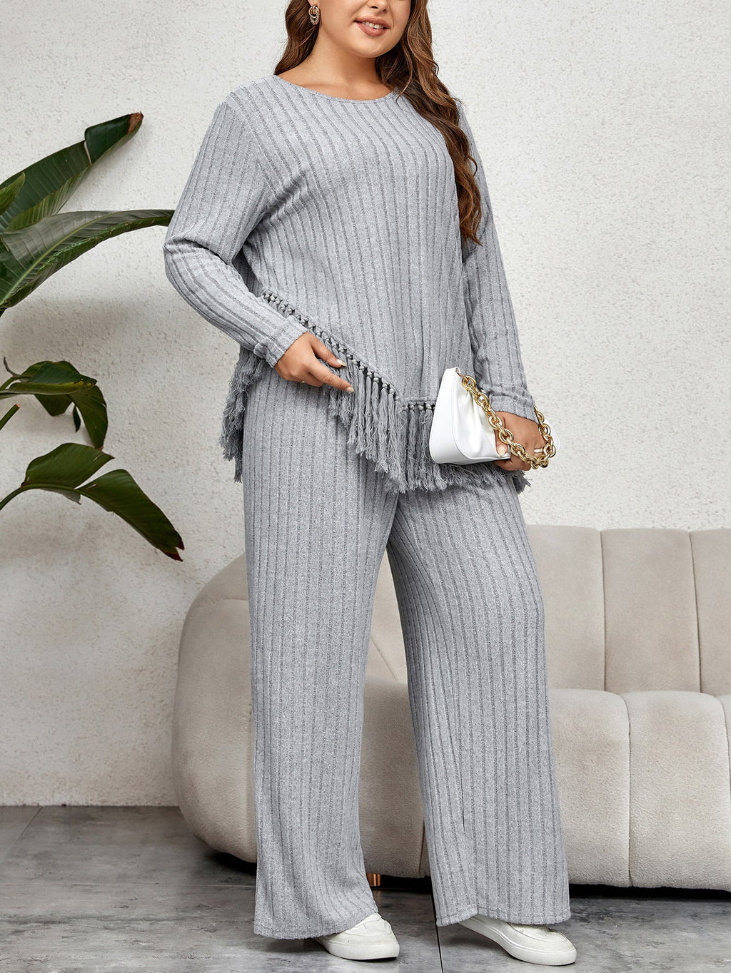 Two-Piece Gray Fringe Knit Loungewear Set