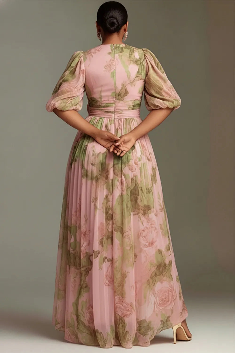 Xpluswear Design Plus Size Wedding Guest Peach Floral V Neck Puff Sleeve Short Sleeve 3D Split Chiffon Maxi Dresses