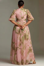 Xpluswear Design Plus Size Wedding Guest Peach Floral V Neck Puff Sleeve Short Sleeve 3D Split Chiffon Maxi Dresses