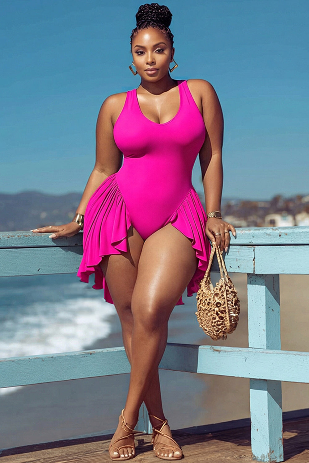 Xpluswear Design Plus Size Beach Orange Round Neck Ruffle Swimsuit Fabric Swimwear Dress
