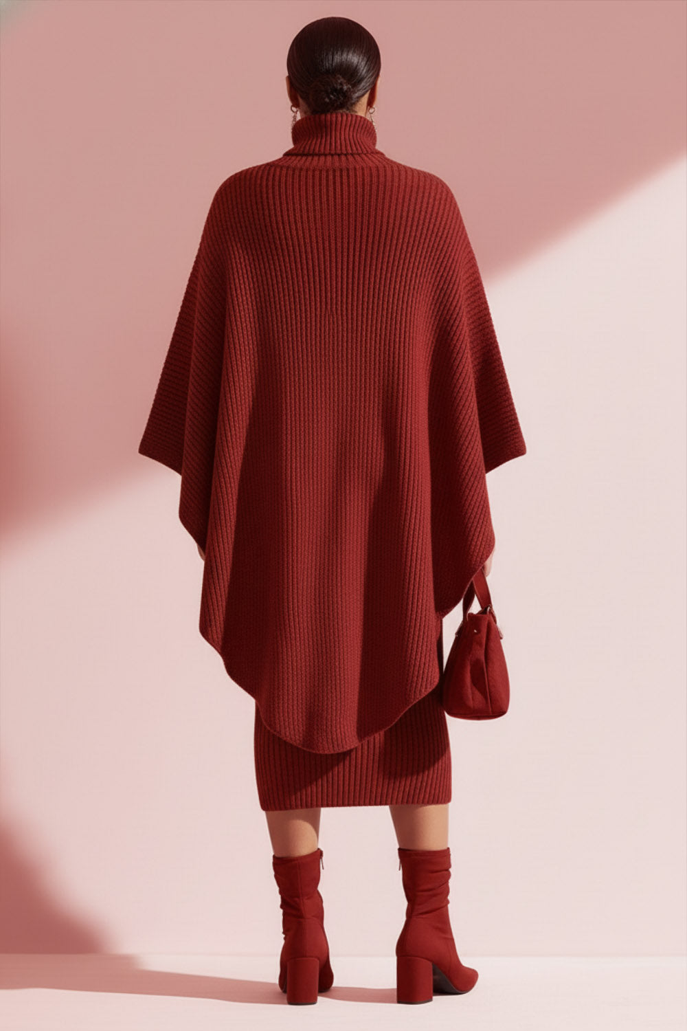 Xpluswear Design Plus Size Business Casual Burgundy High Collar Cape Sleeve Long Sleeve Bodycon Elegant Asymmetric Hem Irregular Hem Knitted Two Piece Dress Set