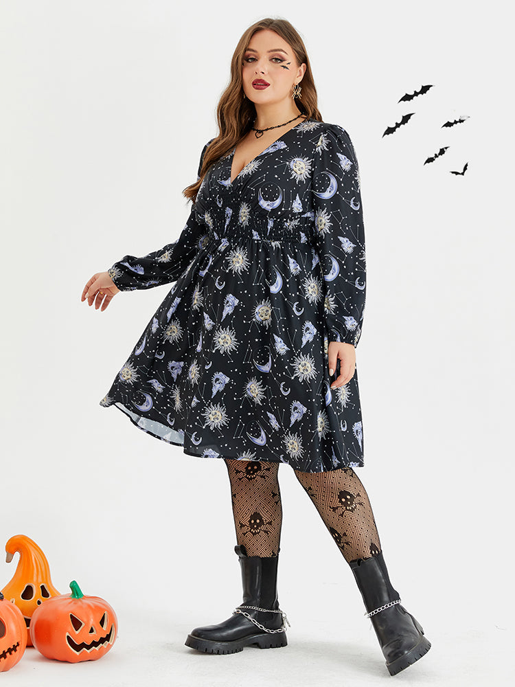 Halloween Print V-Neck Lantern Sleeve Midi Dress