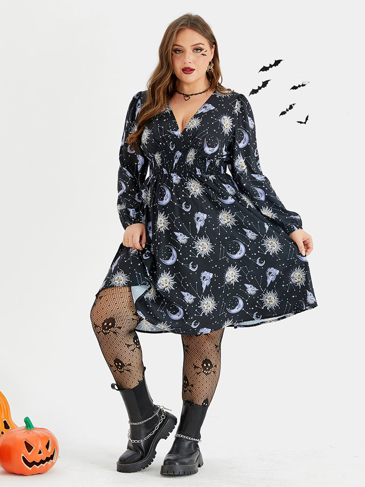 Halloween Print V-Neck Lantern Sleeve Midi Dress