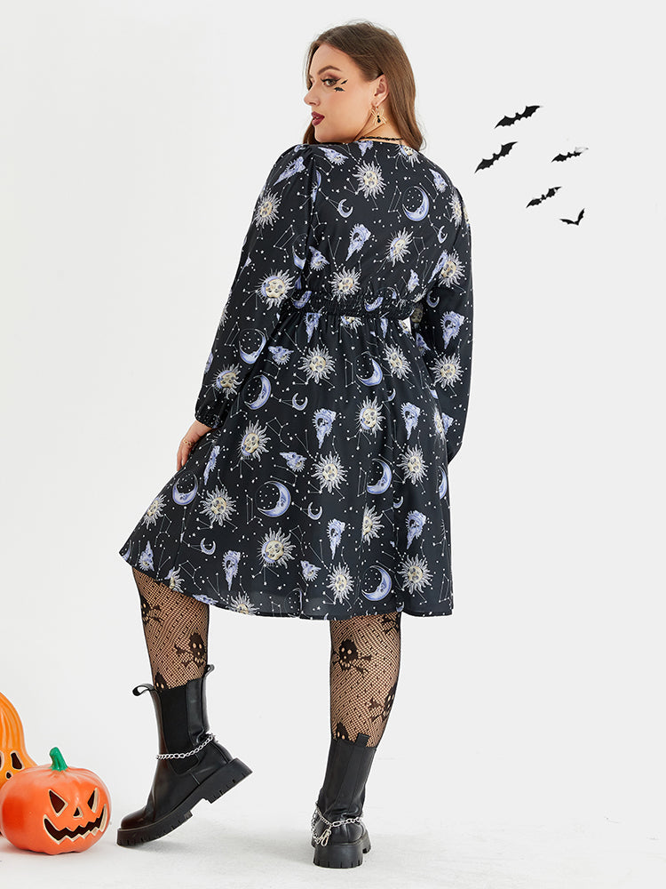 Halloween Print V-Neck Lantern Sleeve Midi Dress
