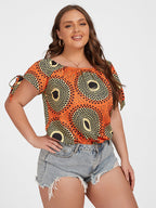 Plus Orange Tropical Print Tie Sleeve Blouse