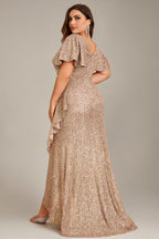 Curveins Plus Size V-Neck Short Sleeve Sequin Ruffle Slit Evening Gown