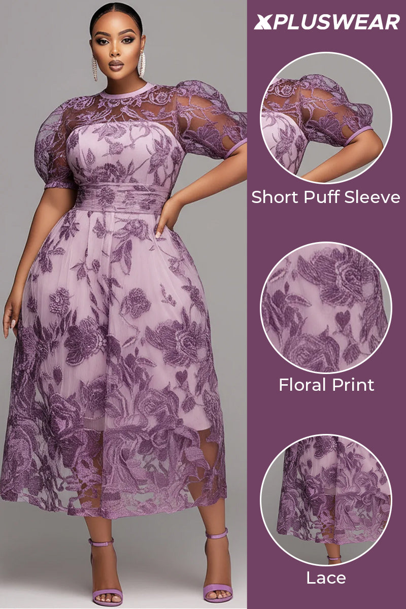 Xpluswear Design Plus Size Mother Of The Bride Purple Round Neck Puff Sleeve Short Sleeve See Through Lace Midi Dresses