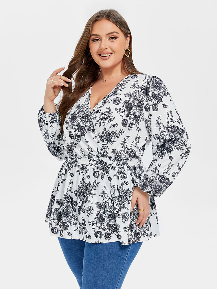 Floral Print V-Neck Lantern Sleeve Elastic Waist Blouse
