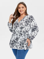 Floral Print V-Neck Lantern Sleeve Elastic Waist Blouse