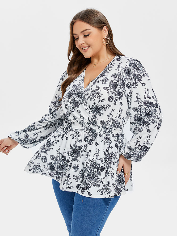Floral Print V-Neck Lantern Sleeve Elastic Waist Blouse
