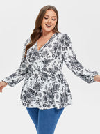 Floral Print V-Neck Lantern Sleeve Elastic Waist Blouse