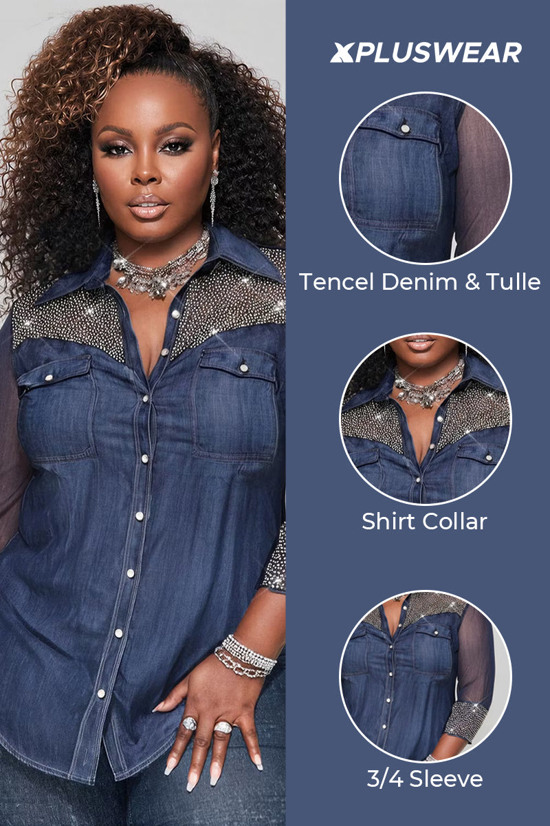 Xpluswear Design Plus Size Party Tulle Blue Shirt Collar 3/4 Sleeve See Through Tencel Denim Blouses