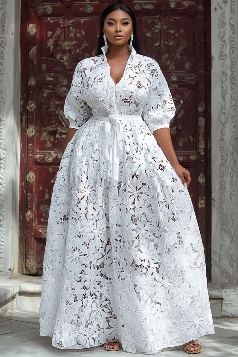 Xpluswear Design Plus Size Wedding White V Neck Puff Sleeve Short Sleeve See Through Maxi Dresses