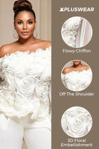 Xpluswear Design Plus Size Business Casual White Off The Shoulder Lantern Sleeve Long Sleeve 3D See Through Chiffon Blouses