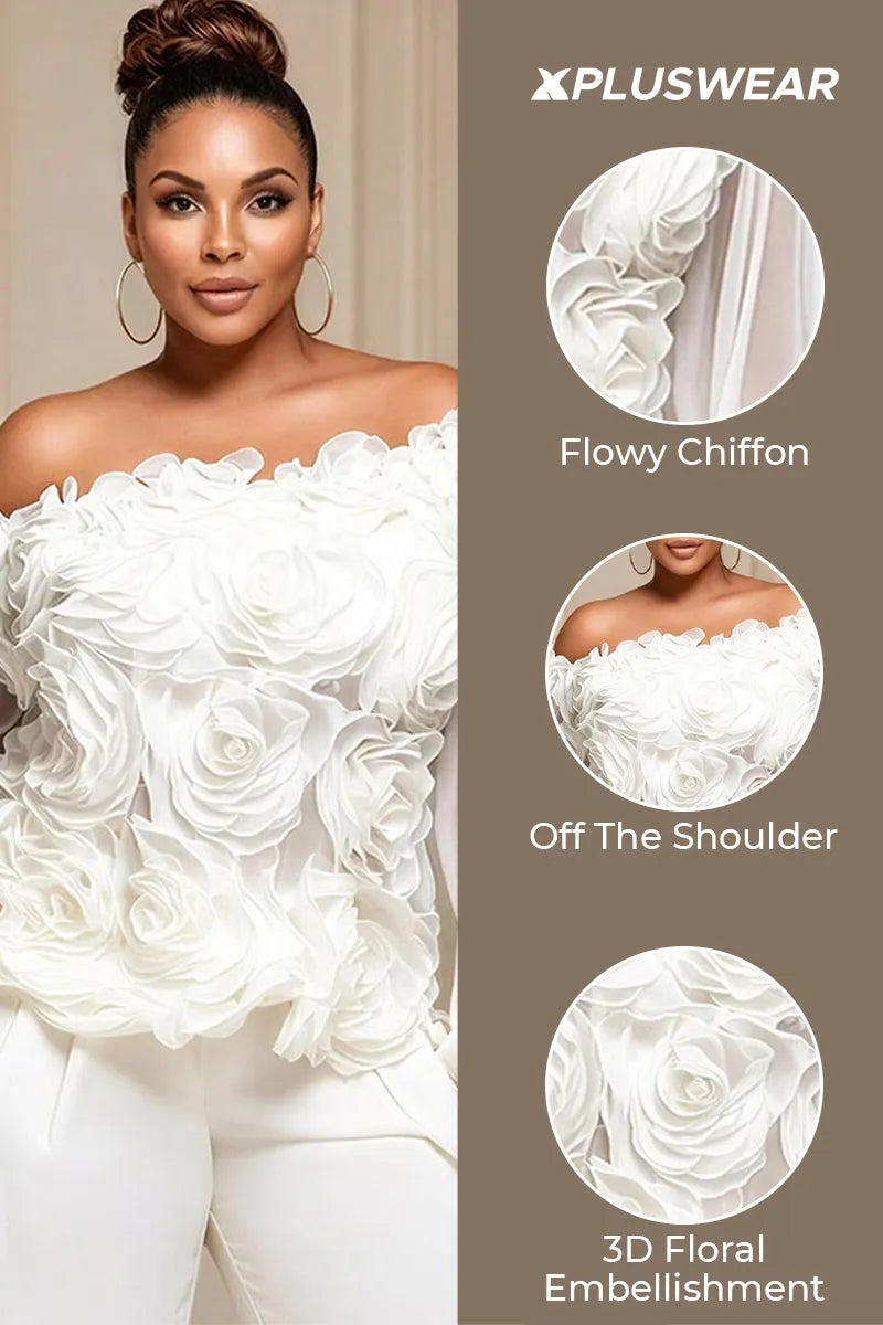 Xpluswear Design Plus Size Business Casual White Off The Shoulder Lantern Sleeve Long Sleeve 3D See Through Chiffon Blouses