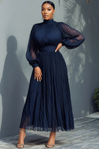 Xpluswear Design Plus Size Churchs Navy Blue Mock Neck Lantern Sleeve Long Sleeve See Through Elegant Ruffled Midi Dresses