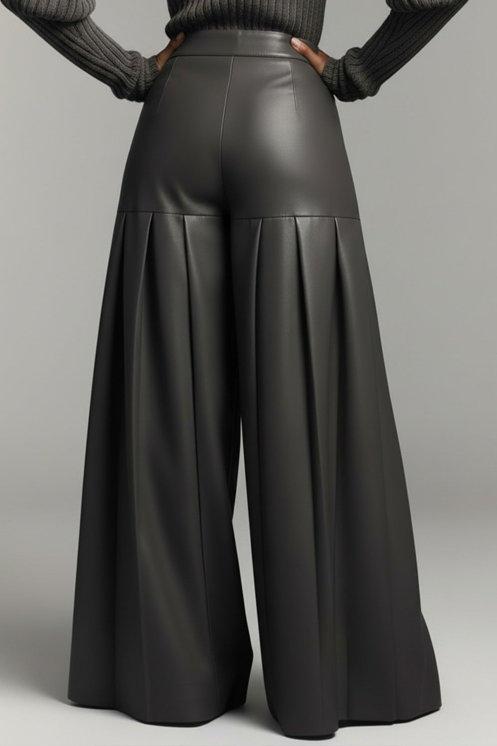 Plus Size Business Casual Grey Pocket Casual Wide Leg PU Leather Pants